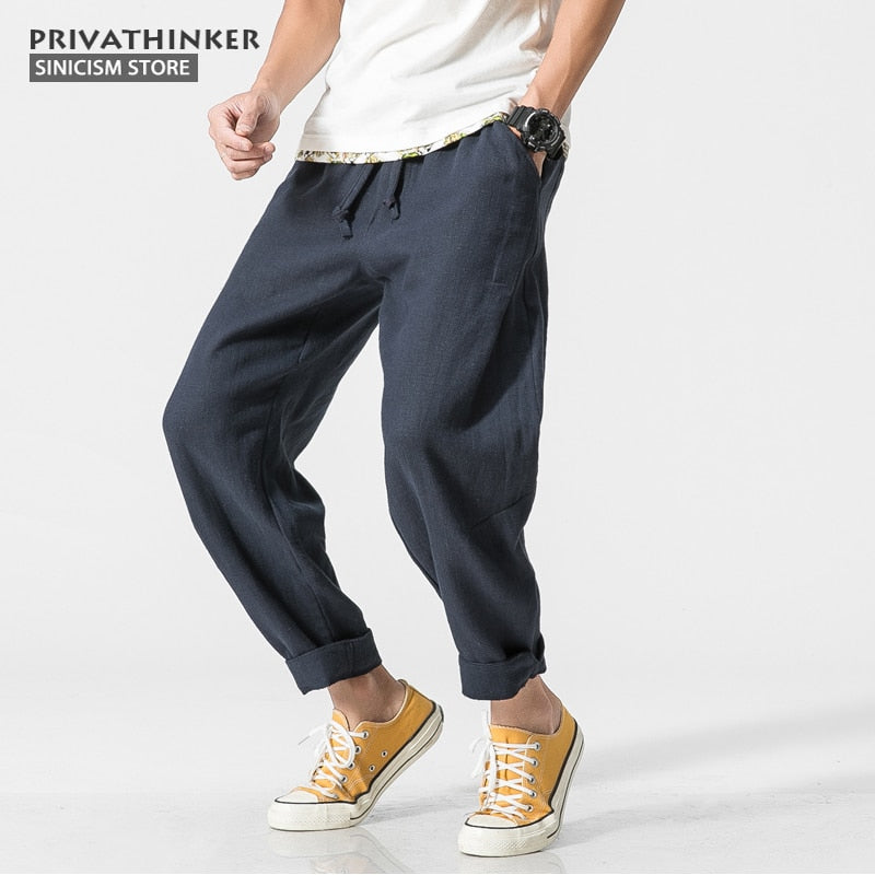 Sinicism Store Plus Size Cotton Linen Harem Pants Men Chinese Traditional Style Male Drawstring Casual Cross Pants Trouser