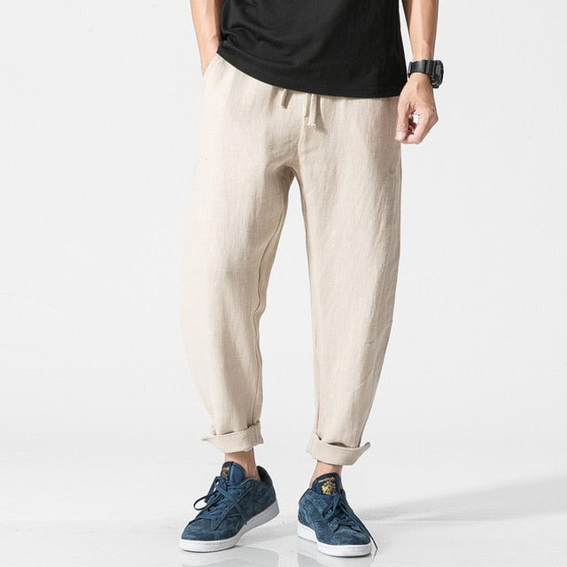 Sinicism Store Plus Size Cotton Linen Harem Pants Men Chinese Traditional Style Male Drawstring Casual Cross Pants Trouser