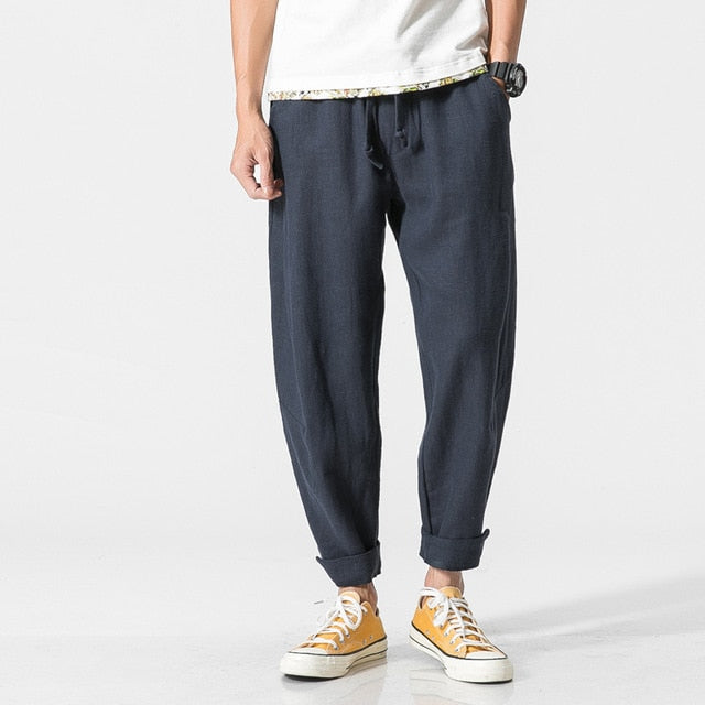 Sinicism Store Plus Size Cotton Linen Harem Pants Men Chinese Traditional Style Male Drawstring Casual Cross Pants Trouser