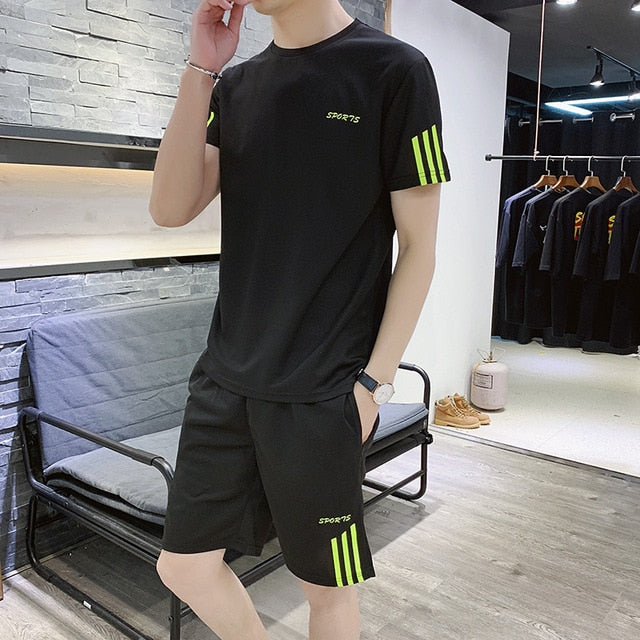 Men's Tracksuit Summer Men 2 Piece Set Short Sleeve Tee Running Tops Shorts Sportswear Men Set Male Clothes Set Plus Size